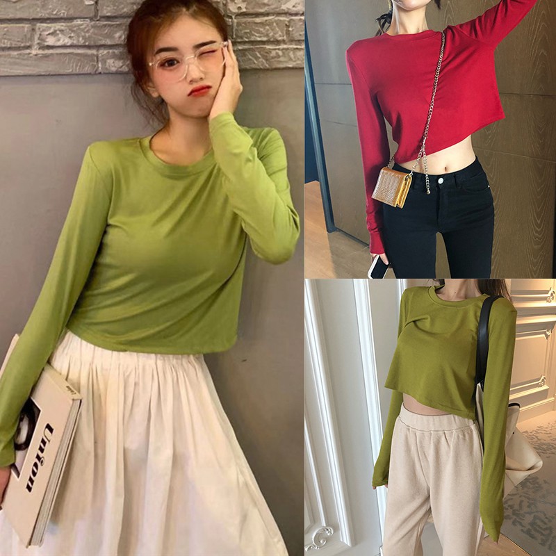 Áo thun trơn cổ tròn dài tay kiểu dáng Hàn Quốc