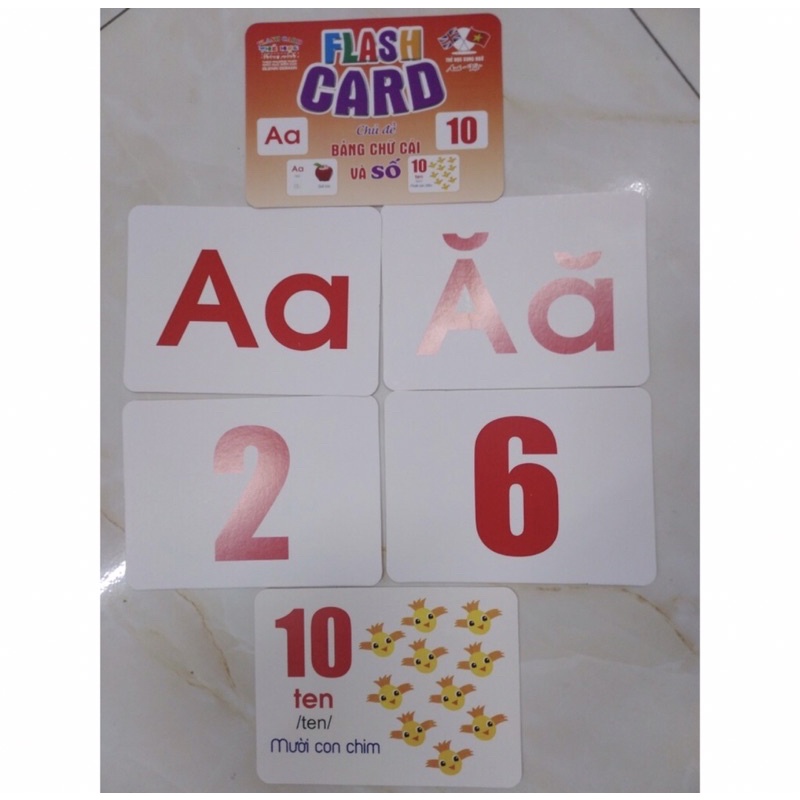 Thẻ học gồm 29 chữ cái tiếng Việt và 11 chữ số từ 0-10, giúp bé nhận biết chữ cái, chữ số.  Kich thước thẻ: 12x16