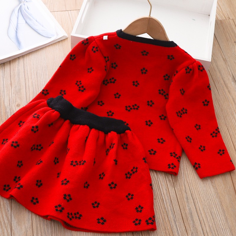 Váy bé gái họa tiết hoa đào 2 nơ túi ngực áo croptop và chân váy 8-30kg XHN1092