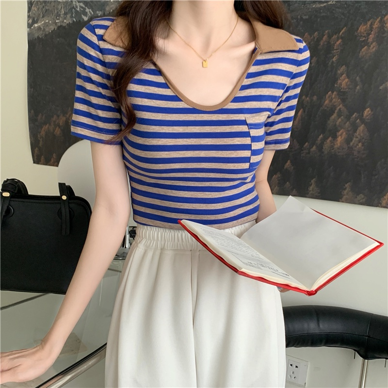 SUXI Áo Thun Cotton Ngắn Tay Cổ Chữ U Họa Tiết Kẻ Sọc Phong Cách Vintage Thời Trang Mùa Hè