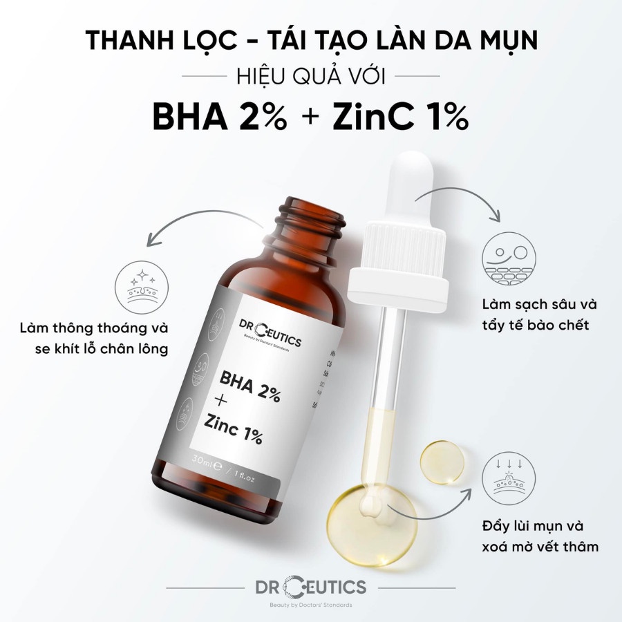 DrCeutics BHA 2% + ZinC Tinh Chất Giảm Mụn Và Làm Mờ Thâm Sau Mụn, Ngăn Mụn Mới Nhập Khẩu Chính Hãng