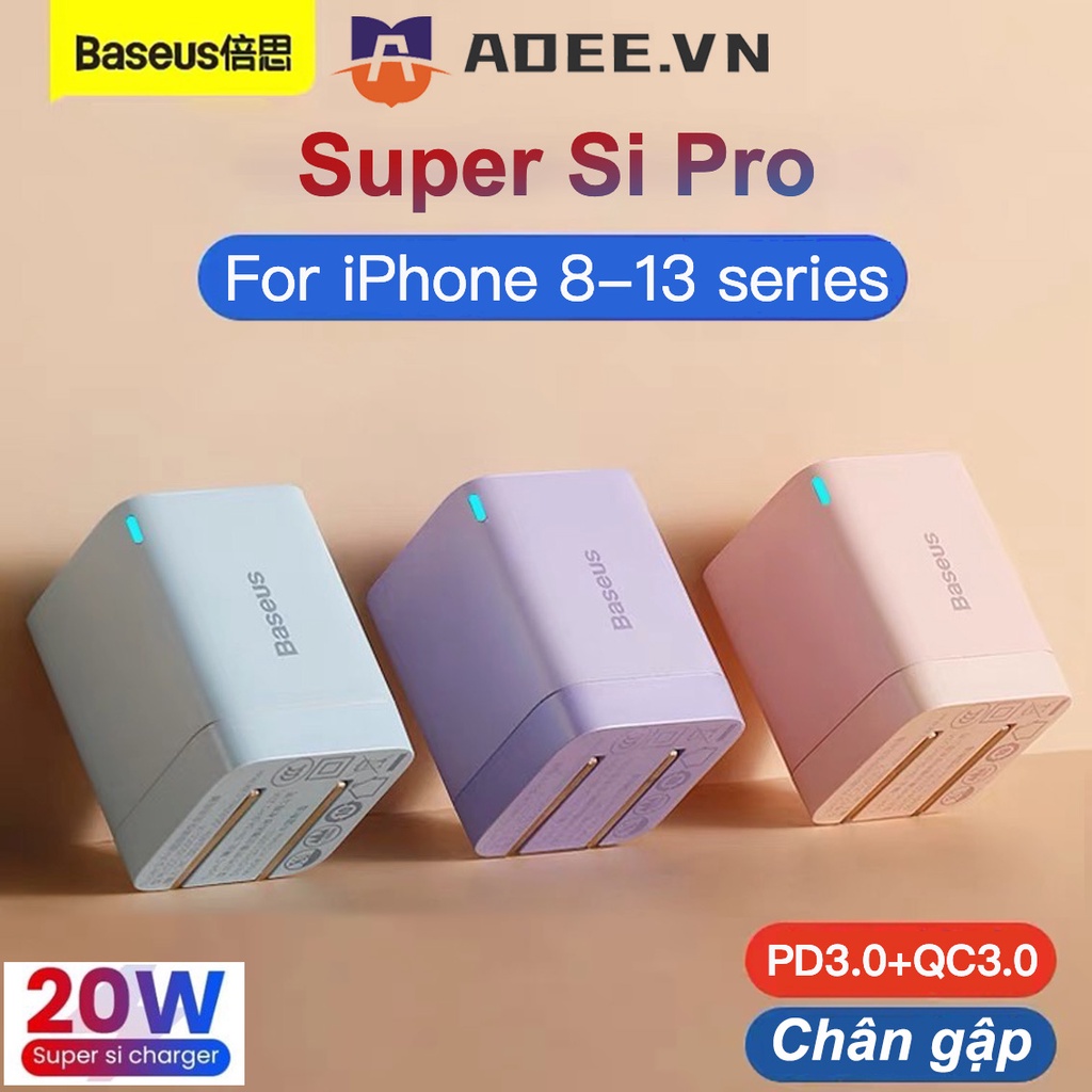 Bộ Sạc Baseus PD 20W Chân gập ,Củ Sạc Nhanh PD3.0+QC3.0, Combo (Cáp+Củ),Cho iPhone 13 Pro Max 12 11 Xs X 8P 8 iPad VV..