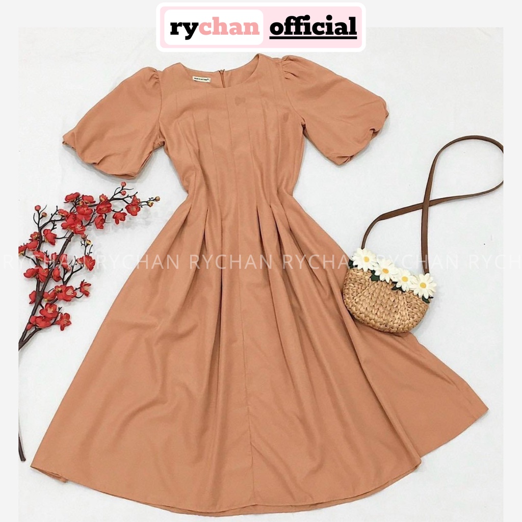 Đầm Xòe Midi Trơn Tay Phồng Chít Eo 5 Màu [Ảnh Thật Cuối] - DX0036