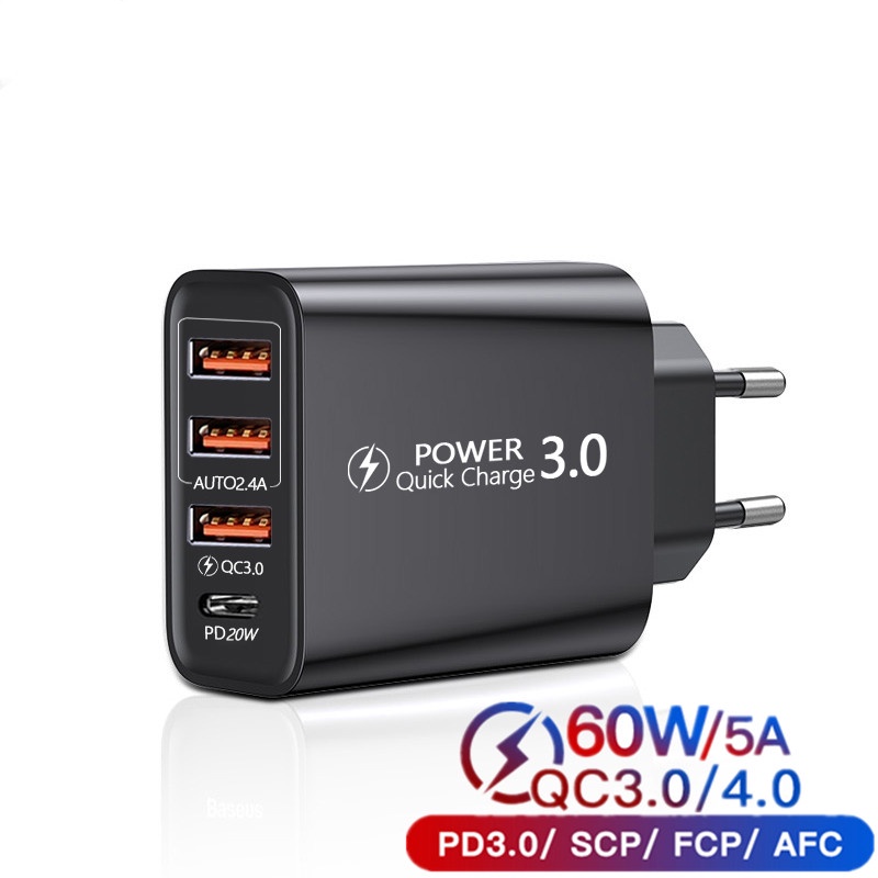 Củ Sạc Nhanh 60W USB C 3.0 4 Cổng PD Type C Cho Xiaomi Samsung