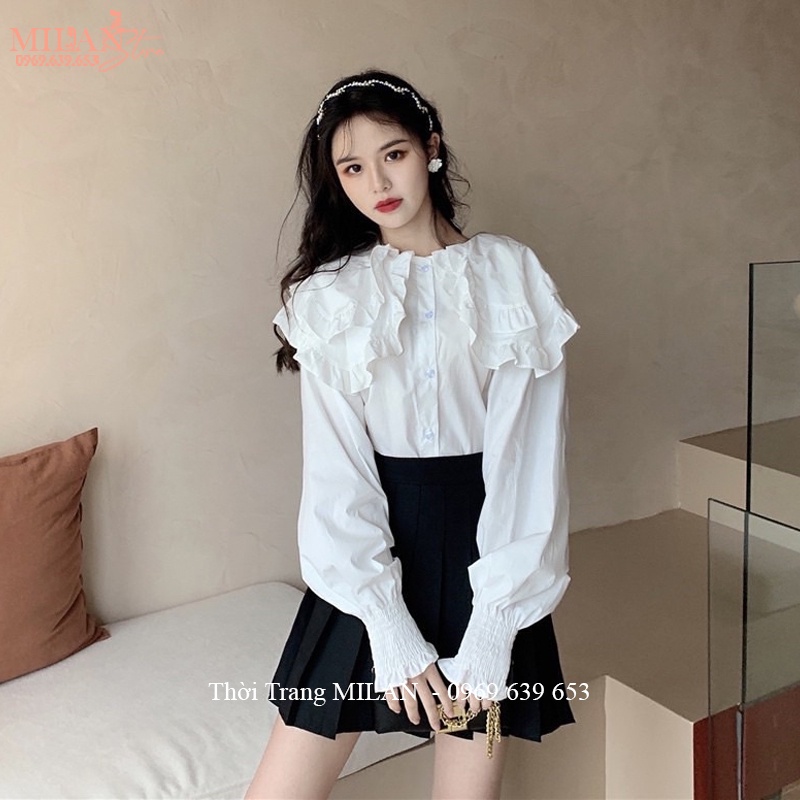 Áo sơ mi nữ tay phồng bồng viền cổ bèo bo chun tay - Áo kiểu nữ bánh bèo tiểu thư tay dài mặc đi học hẹn hò công sở đẹp