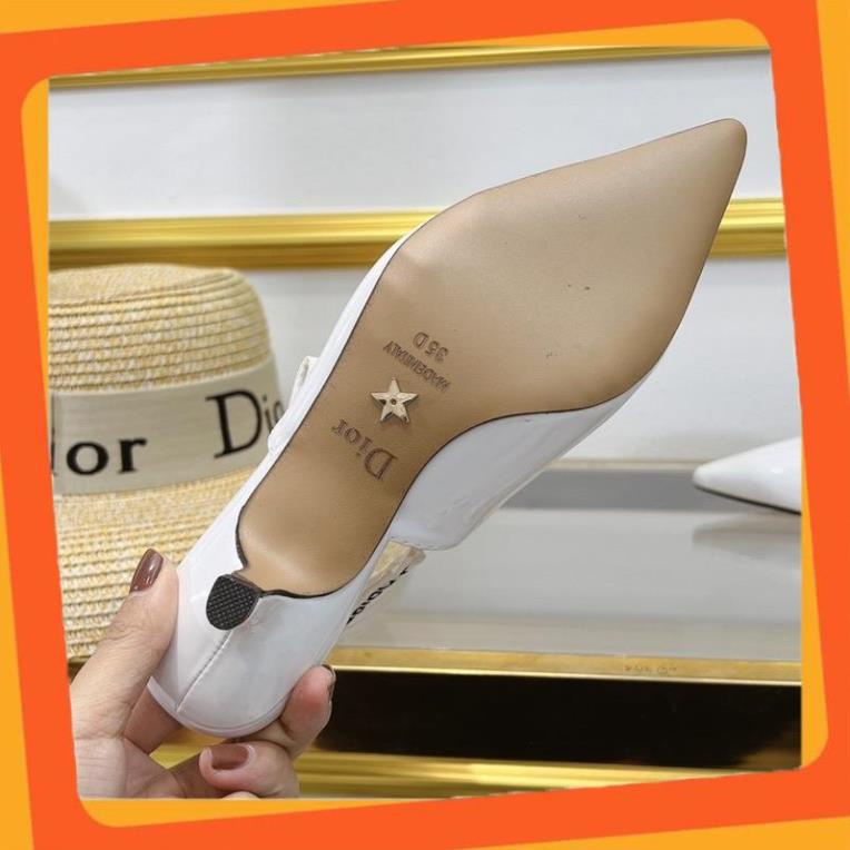 Giày Sandal, Giày Cao Gót Nữ dior trắng gót 6p da bóng hàng fullbox + bill + túi giấy