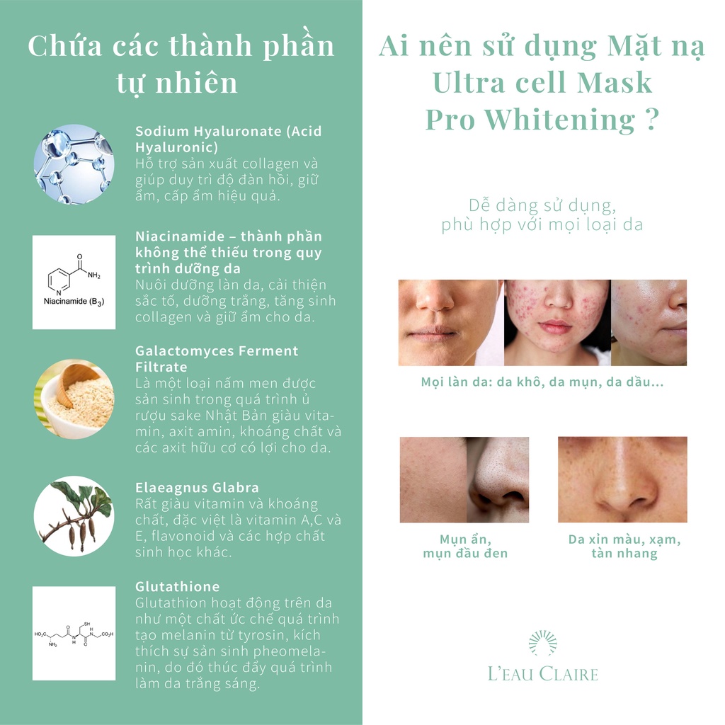 Mặt Nạ Giấy L'eau Claire Ultra Cell Mask Pro Whitening Dưỡng Trắng Kiểm Soát Bã Nhờn Tăng Collagen Cho Da 30ml