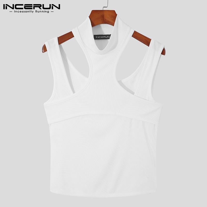 Áo ba lỗ dệt kim INCERUN cổ cao màu trơn thời trang cho nam có 3 màu lựa chọn