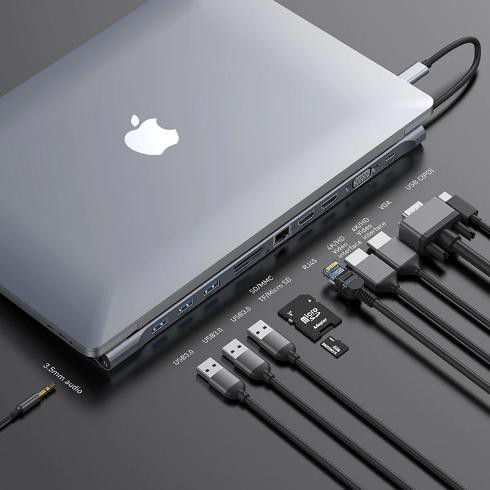 Bộ Chia Hub Đa Năng 10 - 11 Cổng: USB 3.0 / Khe Cắm Thẻ Nhớ SD/TF / RJ45 / HDMI / VGA / Type-C / Jack 3.5mm Cho Macbook