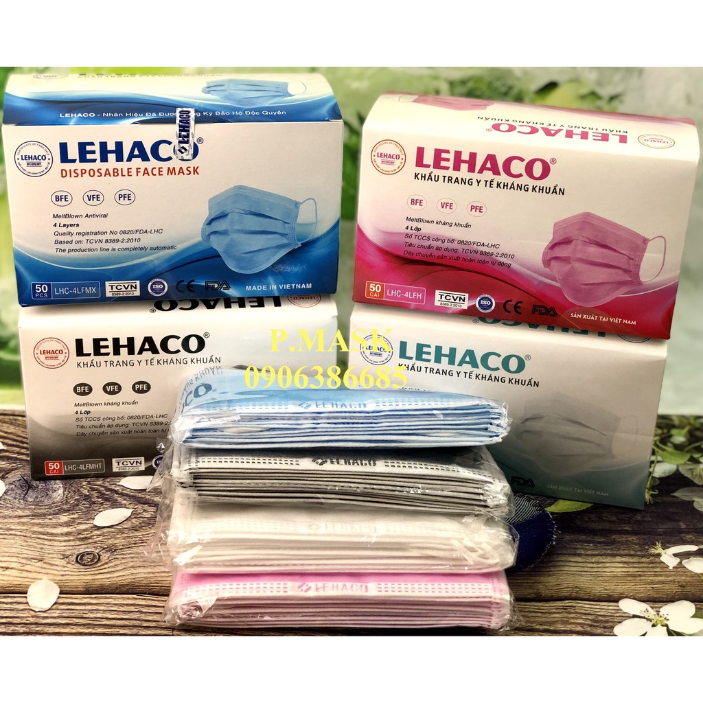 Khẩu trang y tế Lehaco 4 Lớp Màu Hồng / Trắng / Xanh / Xám kháng khuẩn 50 cái / hộp - Khẩu trang y tế kháng khuẩn Lehaco | BigBuy360 - bigbuy360.vn