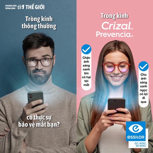 [Mã MATK4545 GIẢM 300k Đơn Tối Thiểu 1tr] Tròng Kính Pháp Essilor Lọc Ánh Sáng Xanh Thông Minh Crizal Prevencia 1.56