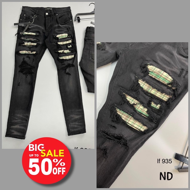 Quần jean vá nhăn kẻ xanh khâu viền,quần bò amiri vá nhăn kẻ xanh rách gối dáng slimfit