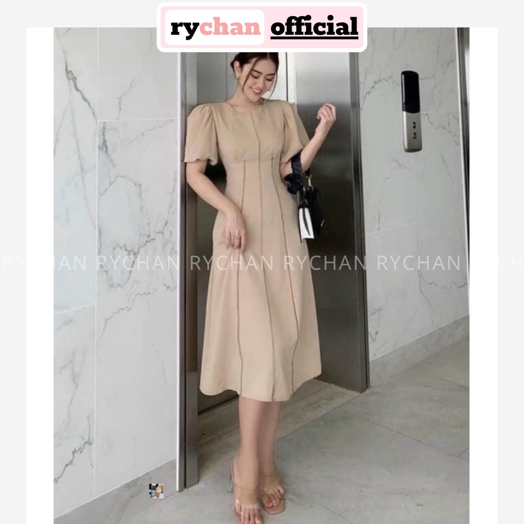 Đầm Váy Nữ Dự Tiệc Cổ Tròn Tay Phồng Dáng Dài Thanh Lịch Sang Trọng, Đầm Tiệc Cưới Tôn Dáng Màu Kem Đen Trắng - DX9717