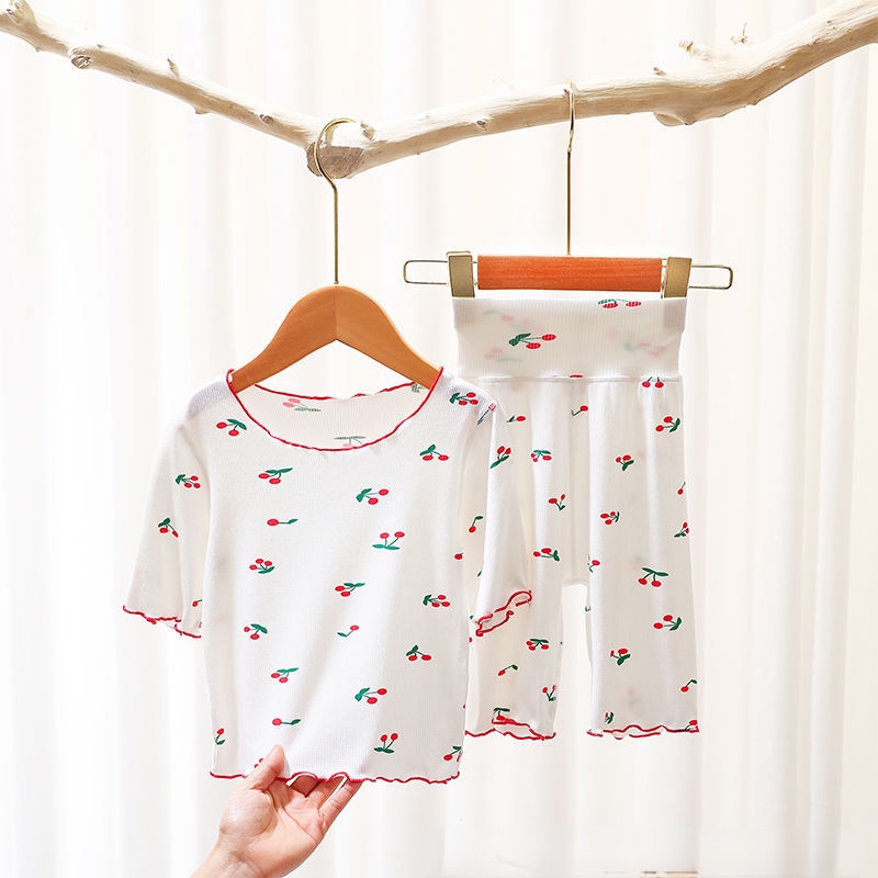 Bộ Đồ Ngủ Tay Ngắn In Hình Quả Anh Đào + Quần Dài Eo Cao Thời Trang Mùa Hè Hàn Quốc Cho Bé Gái 0-7 Tuổi
