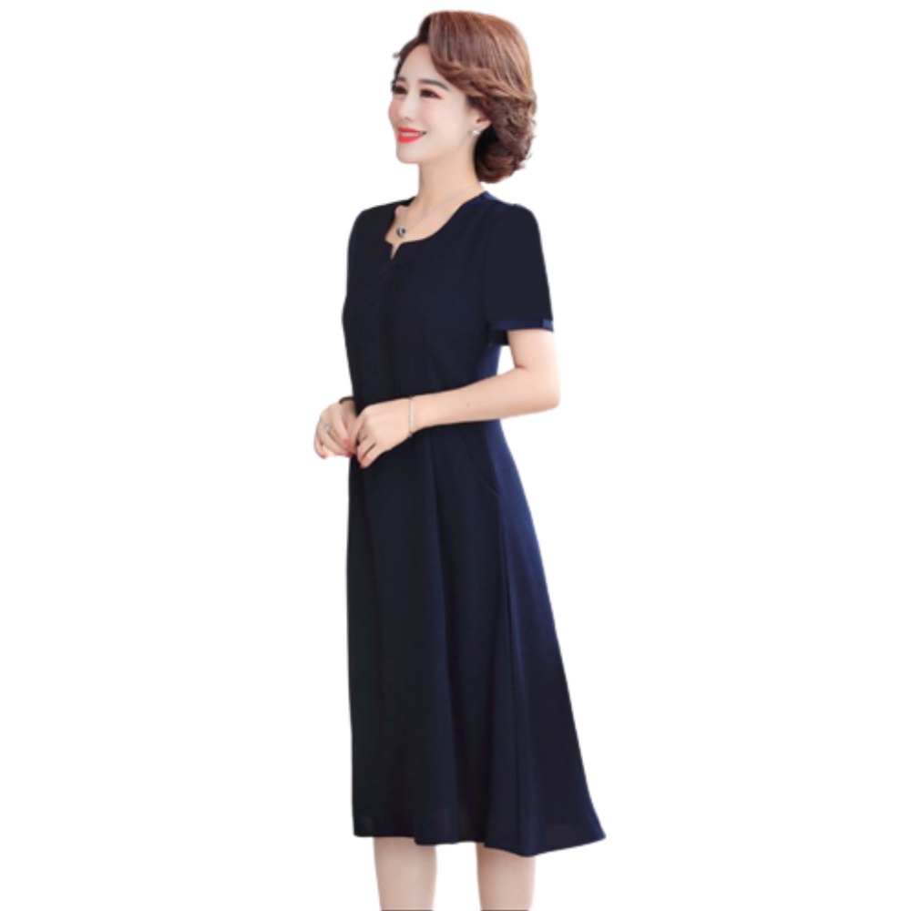 Đầm trung niên dự tiệc u50 sang trọng Thiên Tú kiểu cổ tròn tay ngắn chất voan lụa mát mẻ dài đến cổ chân