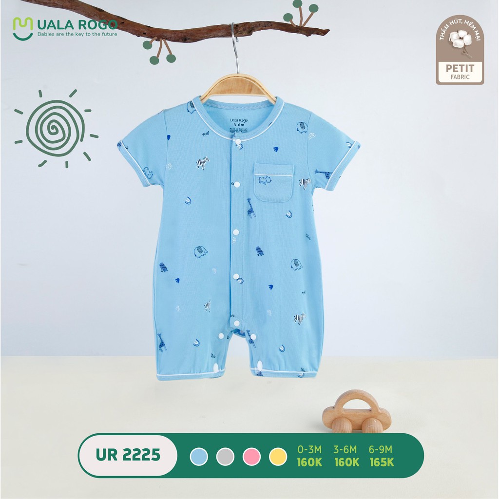 Bodysuit cho bé sơ sinh Uala rogo 0-12 tháng cộc tay vải Petit co giãn gọn gàng cúc giữa dễ thay bỉm UR 2225