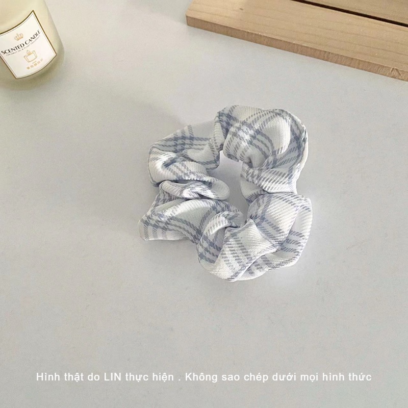 Scrunchies Cột Tóc Vải Caro Màu Xanh LIN Phong Cách Hàn Quốc