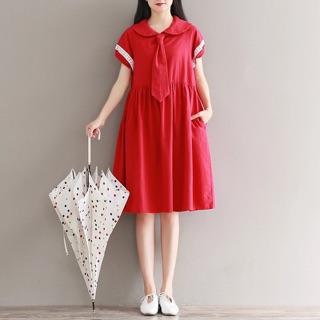 Đầm babydoll đỏ thắt cà vạt