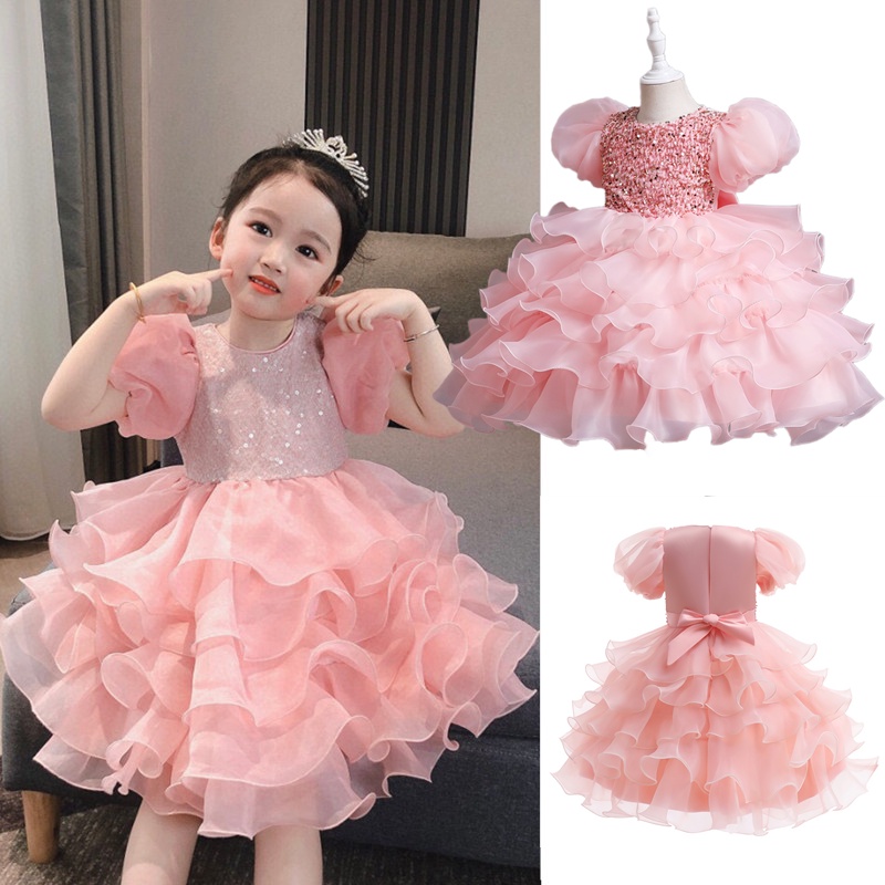 Đầm Tay Phồng Ngắn Màu Trơn Đính Kim Sa Lấp Lánh Thời Trang Mùa Hè Tinh Tế Cho Bé Gái