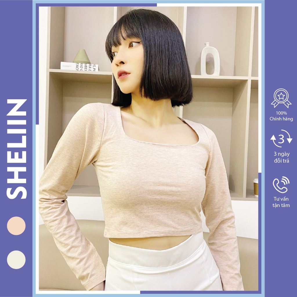 Áo croptop tay dài nữ cổ vuông ôm SheLiin CRT01