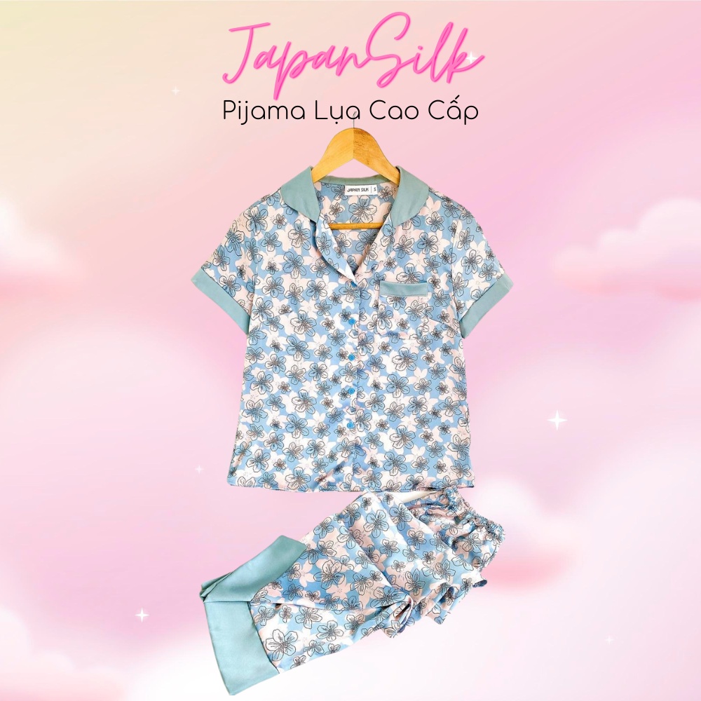 Bộ quần áo ngủ thoáng mát JAPANSILK, họa tiết hoa nhí màu xanh nước biển nhạt đơn giản, nữ tính
