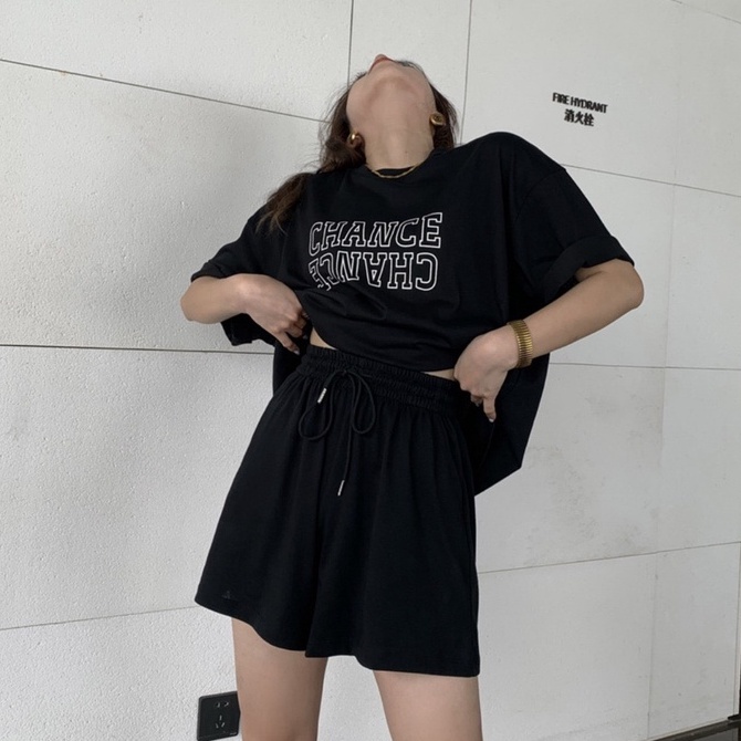 Bộ đùi ngắn tay CHANCE Quần Short Rút Dây Áo Phông Form Rộng Tay Lỡ In Hình Retro Hàn Quốc Ulzzang