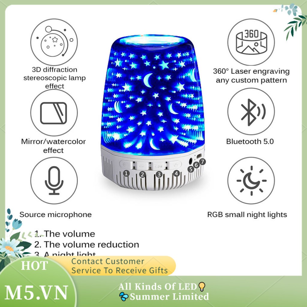 Night Light Bluetooth Speaker 3D Glass Bedside 7 Color Led Portable Wireless Rechargeable Lamp Best Gift For Kids