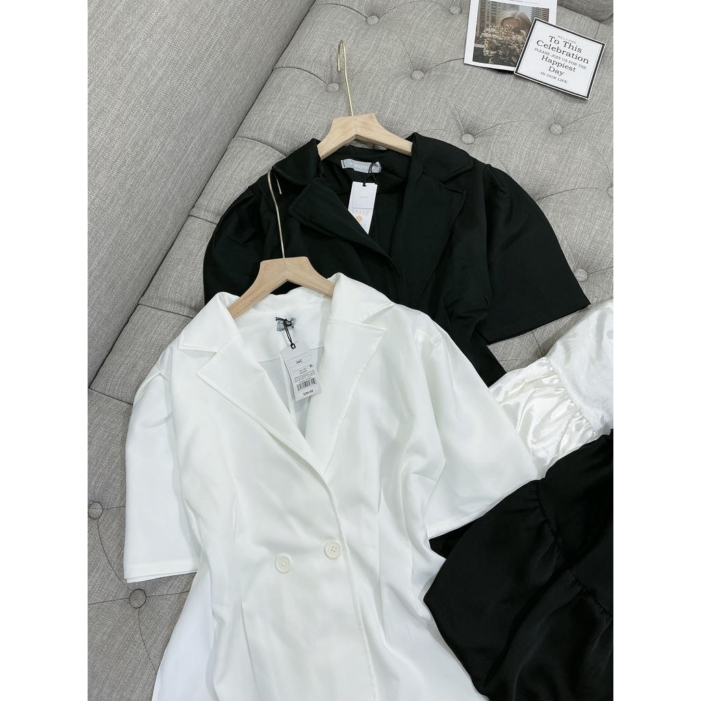 Set vest cộc tay mix quần lụa phồng đen trắng - Set áo vest xẻ cạnh mix quần dáng váy C264