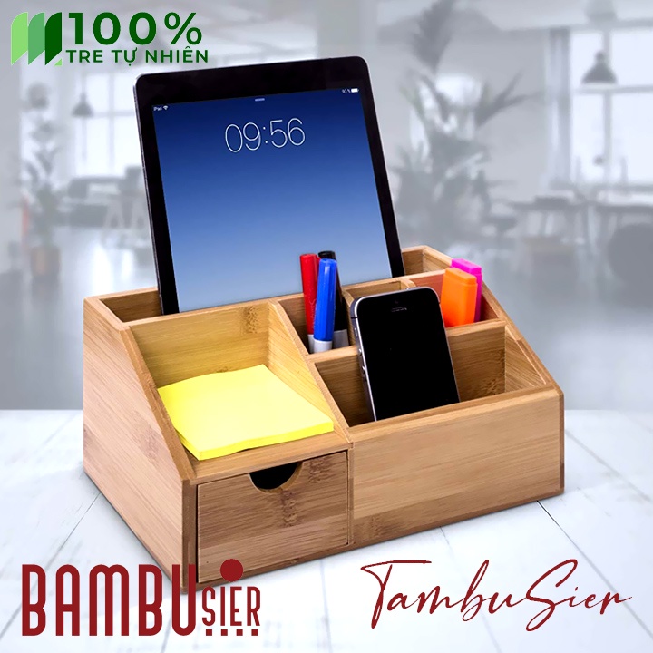 Hộp đựng bút gỗ tre để bàn có ngăn kéo