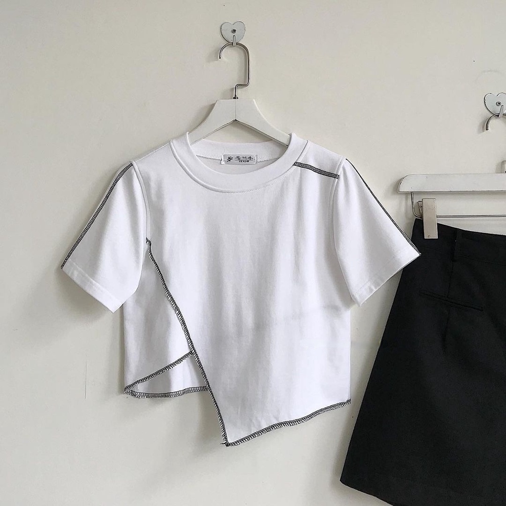 Áo Croptop Nữ RYD Kiểu Lệch Vạt Phối Chỉ Nổi Phong Cách Ulzzang