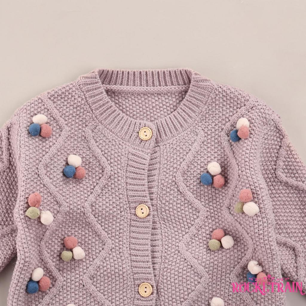 Áo khoác cardigan dệt kim tay dài đính quả bông thời trang mùa thu cho bé gái