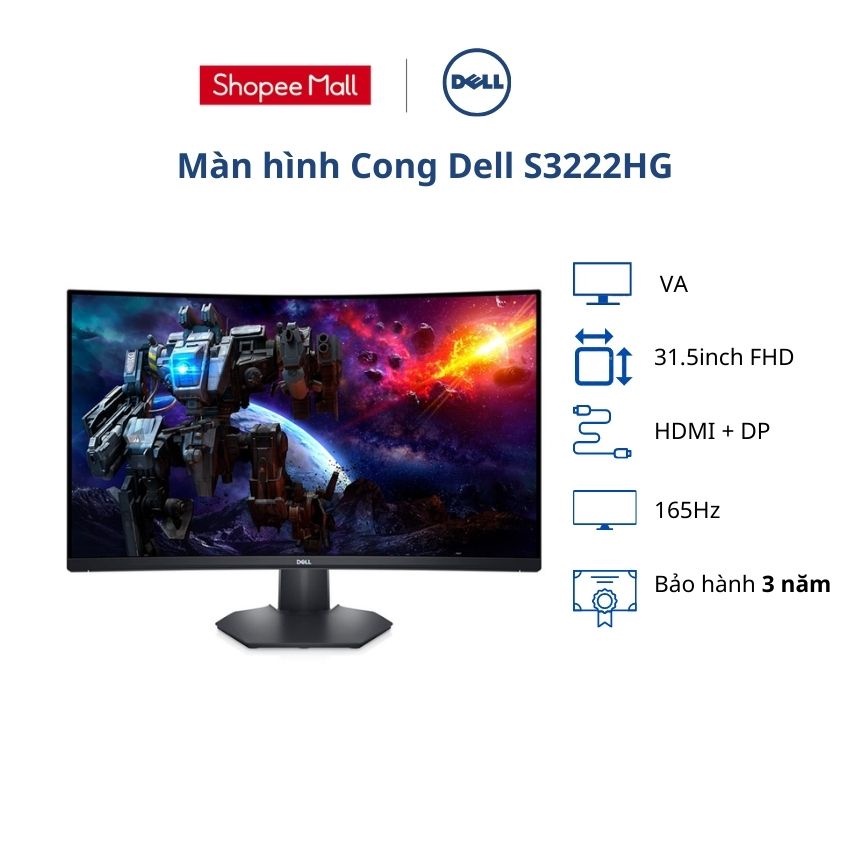 Màn hình Cong Dell S3222HG/ 31.5inch FHD/ 165Hz/ VA/ HDMI + DP/ 3Yrs