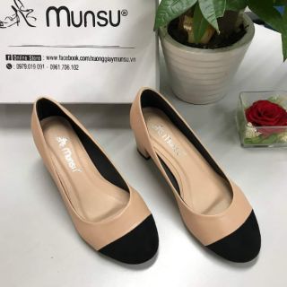 Giày bít mũi phối đen gót trụ vuông 5P