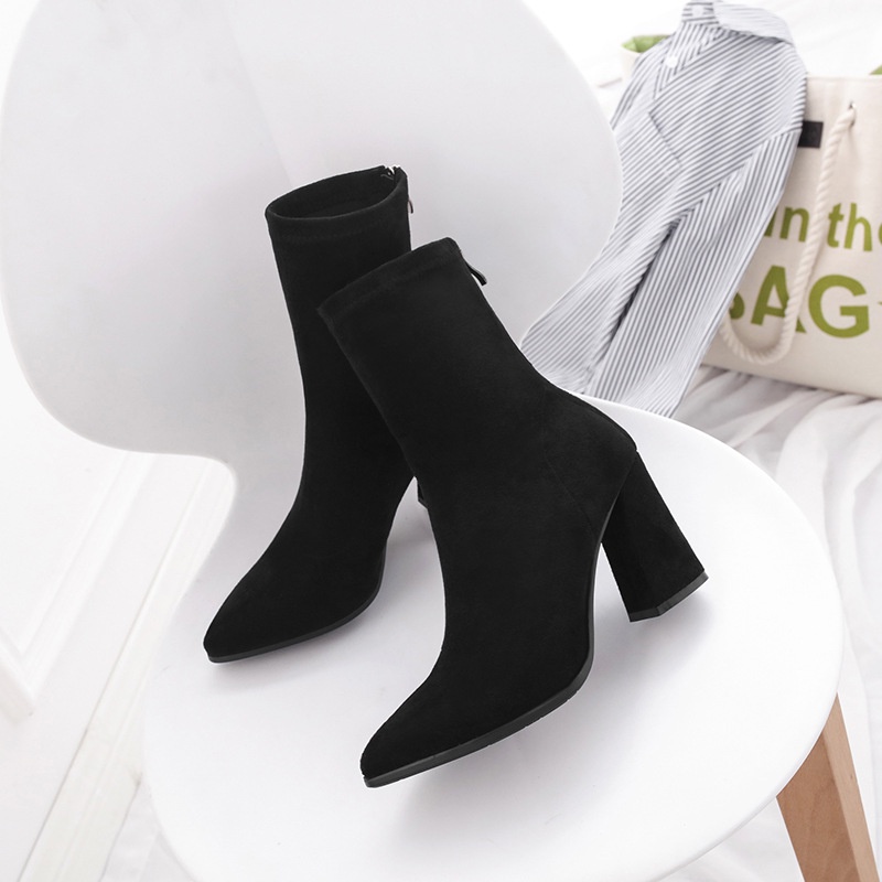 Giày Boot Cao Gót Mũi Nhọn Bằng Da Lộn Có Dây Kéo Sau Lưng Dành Cho Nữ