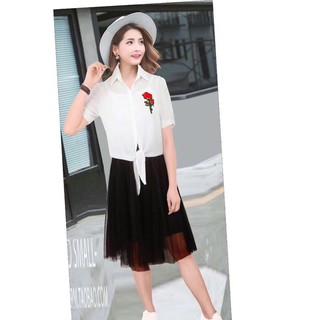 Set 3 món áo sơ mi thêu hoa hồng+ áo 2 dây liền váy 3 LỚP (hàng chuẩn quảng châu)