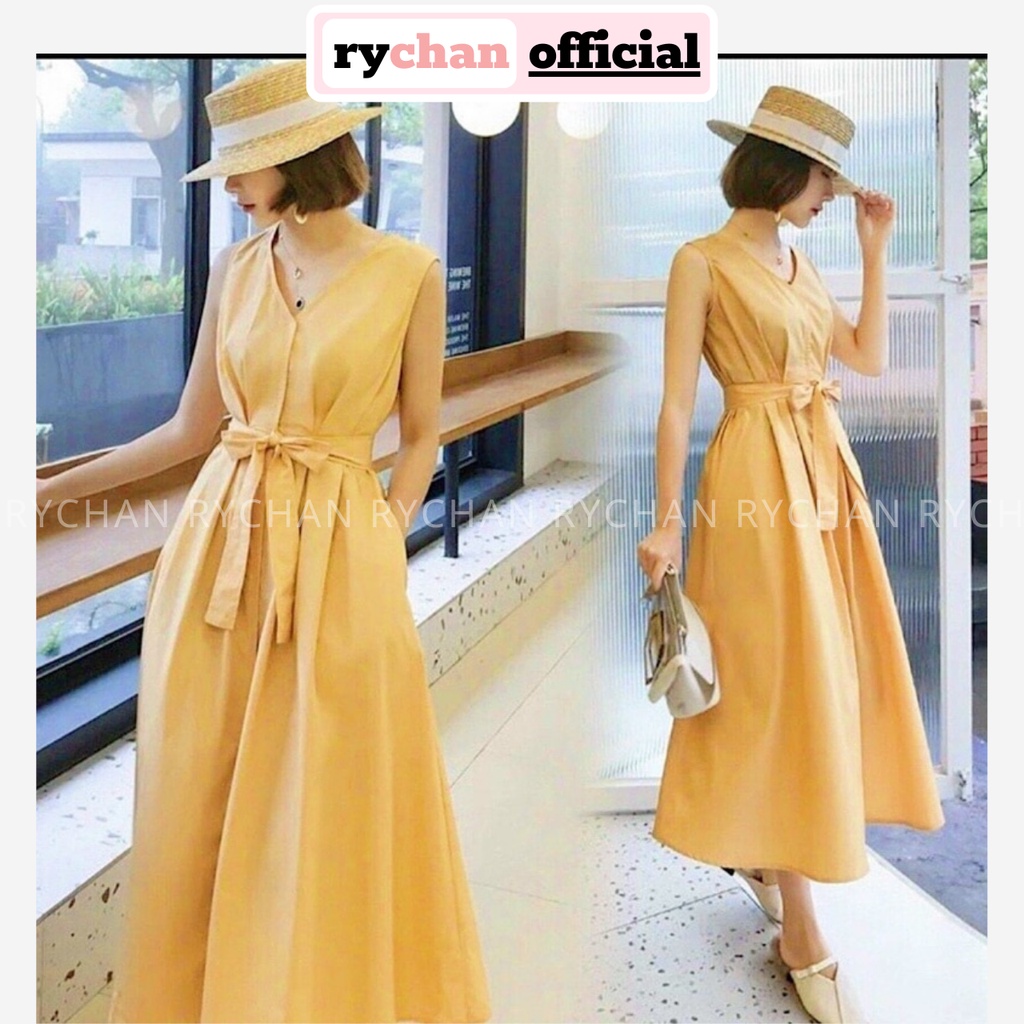 Đầm Nữ Công Sở Sang Chảnh Cổ V Thắt Eo Nút Trước Phong Cách Quý Cô Cực Ưa Chuộng Màu Kem Vàng Xanh - DX9935