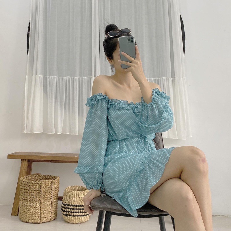 Đầm trễ vai voan bi xanh