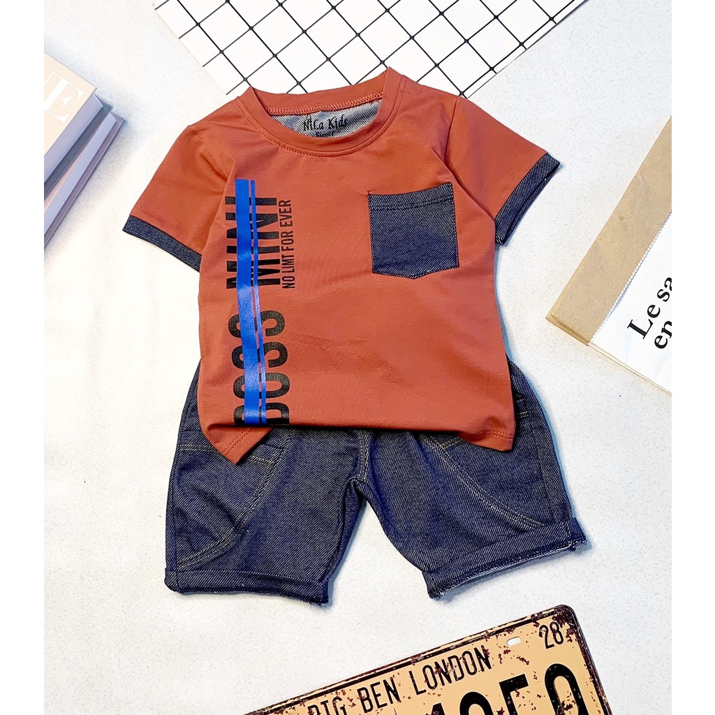 Set Đồ bộ bé trai Áo thun ngắn tay cotton 100% co giản 4 chiều phối túi giả jean Quần thun cotton giả jean từ 8-37kg