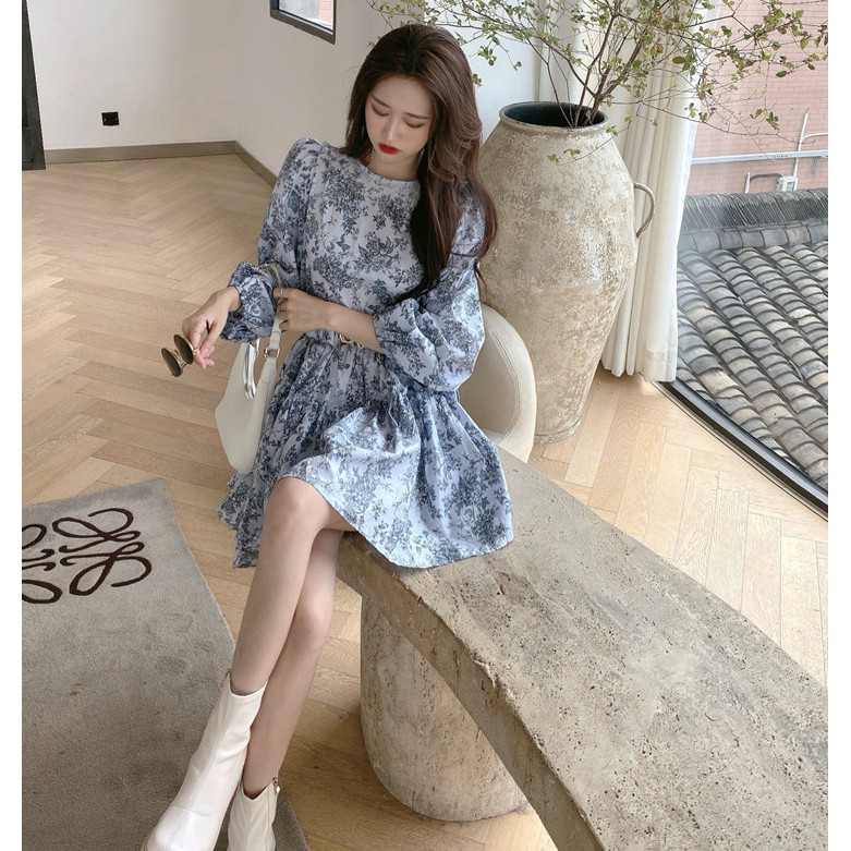 Đầm tay dài cổ tròn in họa tiết hoa phong cách Hàn Quốc xinh xắn thời trang cho nữ | BigBuy360 - bigbuy360.vn