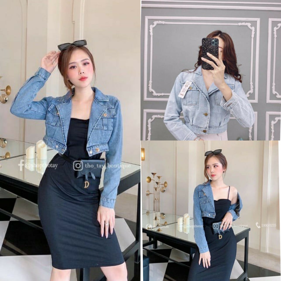 Áo Khoác Bò Jeans Lửng Croptop Nữ Cao Cấp Cổ Vest Túi Hộp Đậm Chất Thời Trang - Hàng có sẵn | BigBuy360 - bigbuy360.vn