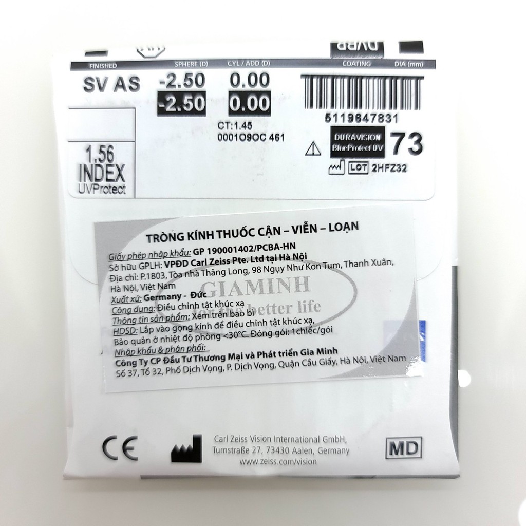 Tròng Kính Zeiss 1.56 Duravision Blue Protect UV Chính Hãng Đức