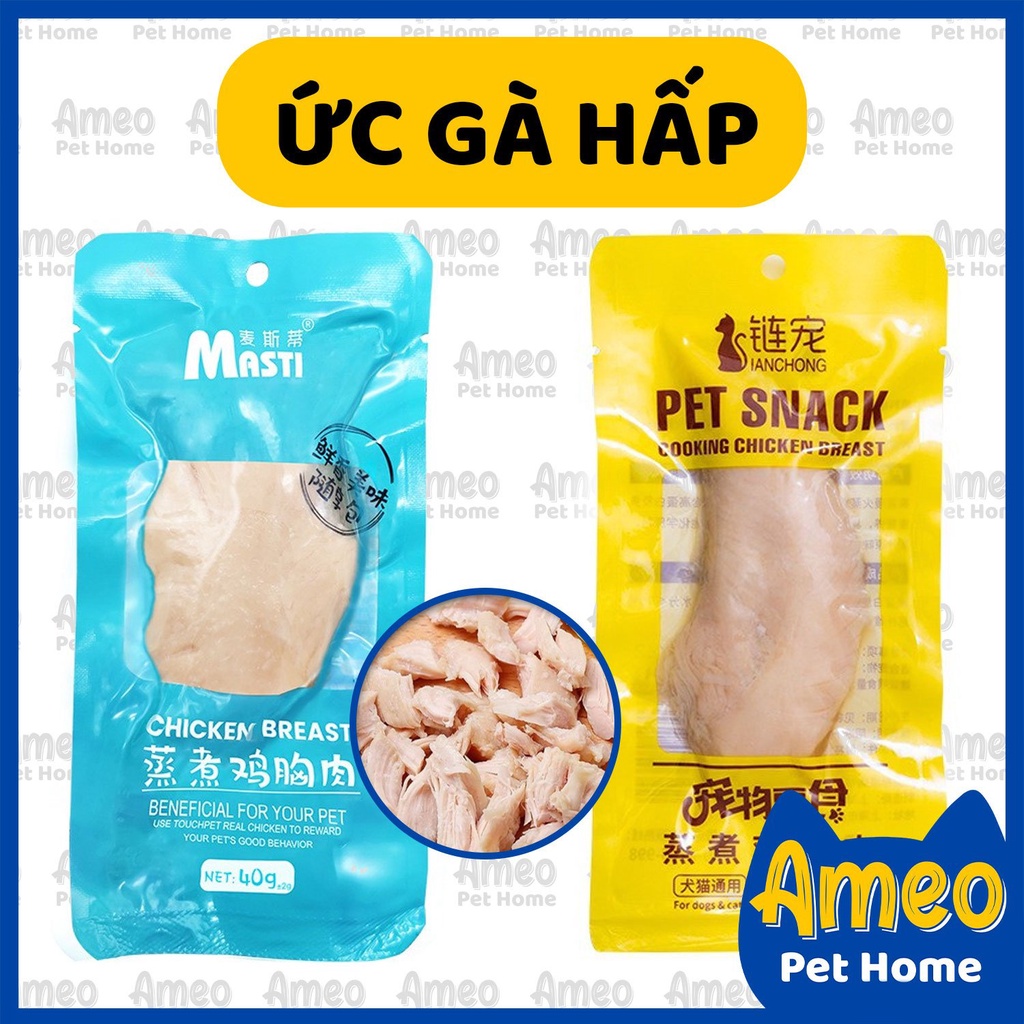 Thịt ức gà Pet Snack cho chó mèo | Ức gà tươi hấp ăn liền cho thú cưng Masti 40g