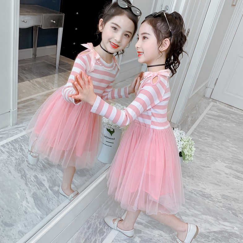 Đầm tay dài kẻ sọc phối lưới dành cho bé gái