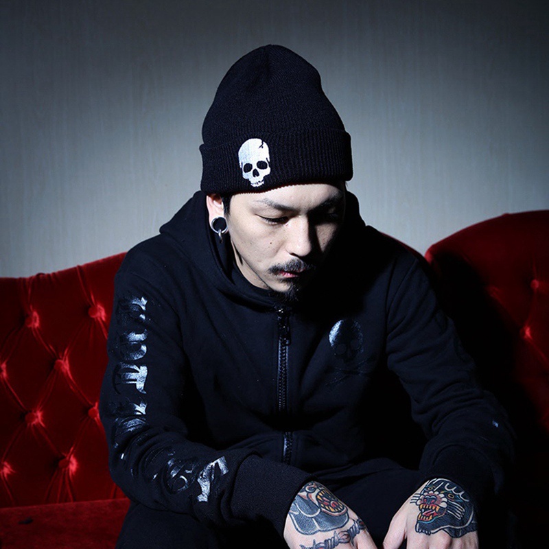 Nón Len Màu Đen Thêu Hình Đầu Lâu Phong Cách punk Thu Đông Cho Nam Nữ