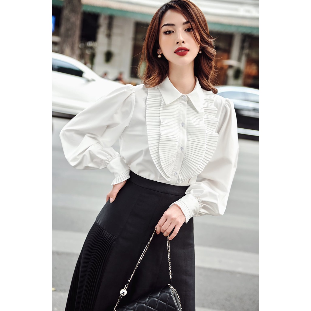 Áo sơ mi cotton lụa nữ HUONG BOUTIQUE HBSM864 dập li ngực