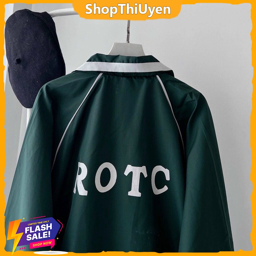Áo khoác dù cổ bẻ form rộng ROTC màu xanh lá form rộng phong cách Hàn Quốc