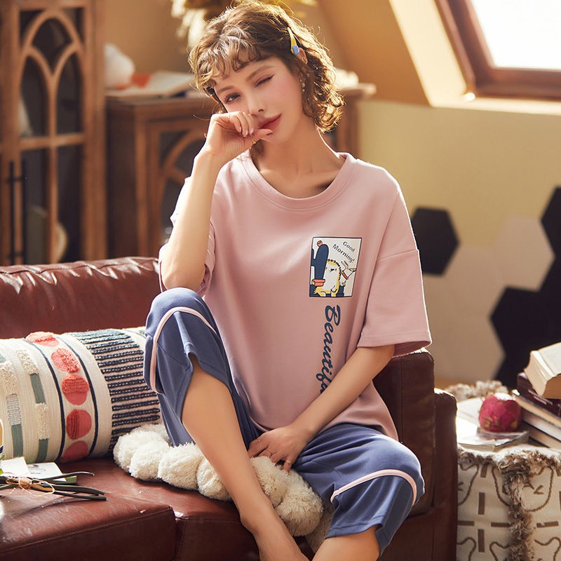 Pyjamas nữ quần dài cắt ngắn bằng cotton rộng rãi size Bà bầu Hàn Quốc có thể mặc đồ ở nhà bên ngoàiPP