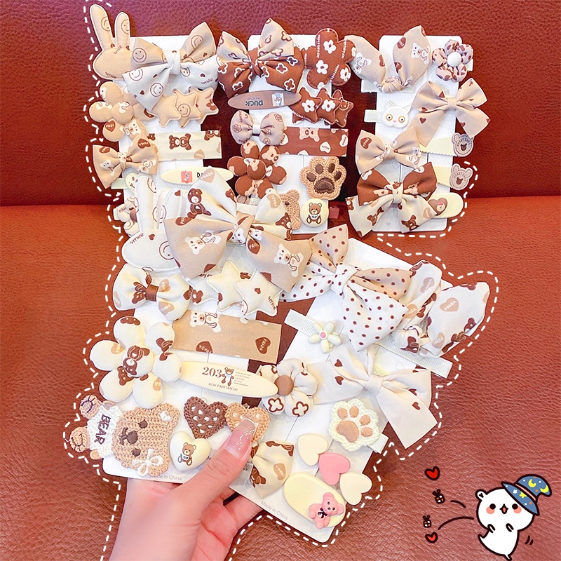 Set kẹp tóc nơ gấu màu sắc trà sữa xinh xắn cho bé gái