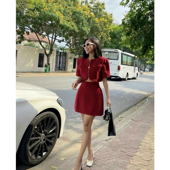 Sét váy thời trang nữ mặc đi chơi chất xốp gân áo dây kéo rời mix chân váy chữ a có lót trong màu đỏ