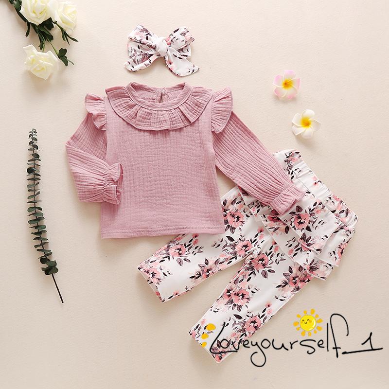 Set Áo Tay Dài Phối Bèo + Quần Dài In Hoa Đáng Yêu Cho Bé Gái